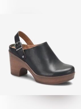 boc Black Leather Clogs with Brown Wood-Look Heel and Buckle